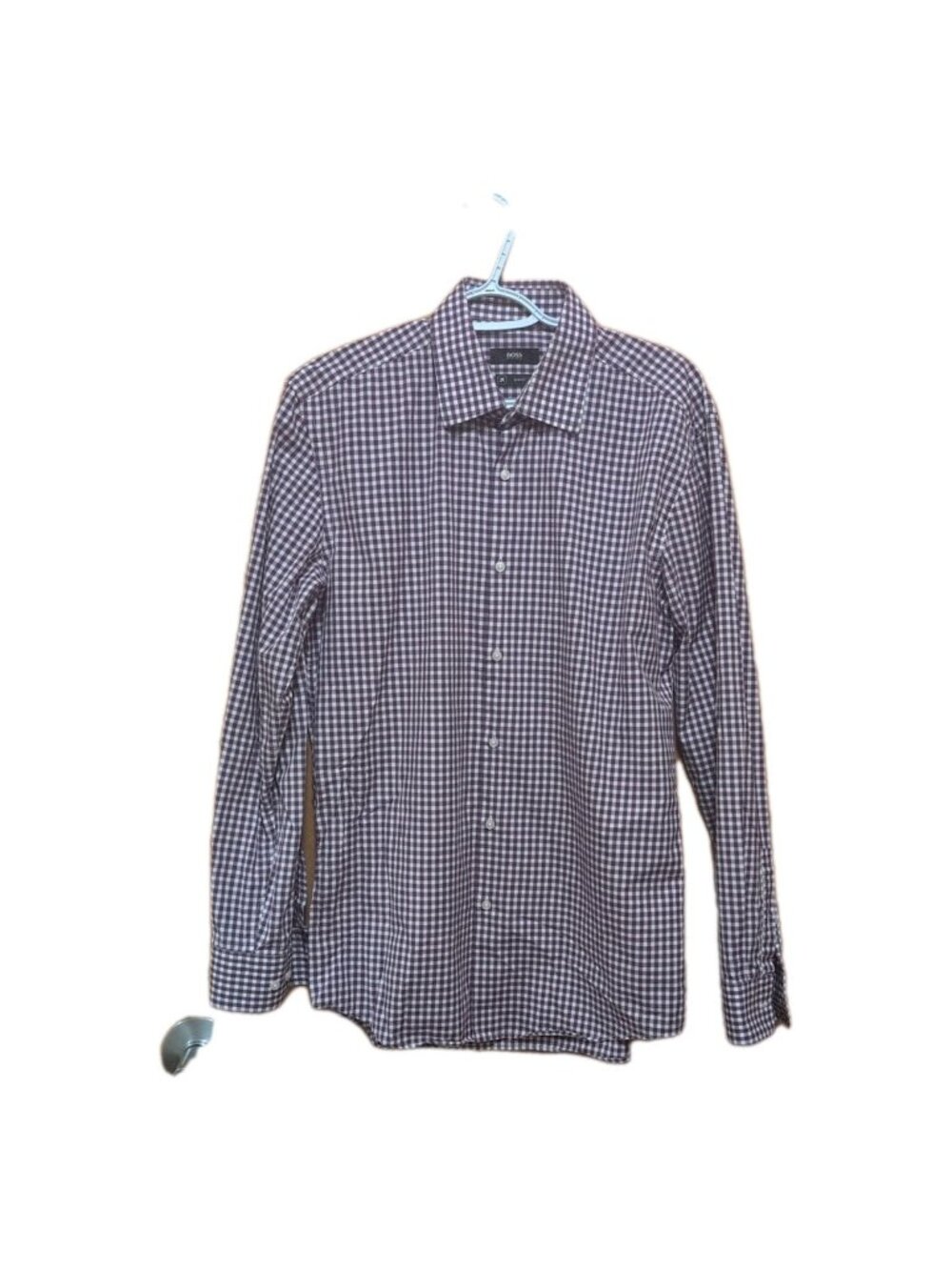 Hugo Boss Shirt Men's L Purple White Long Sleeve Dress Button Up Plaid Slim Fit